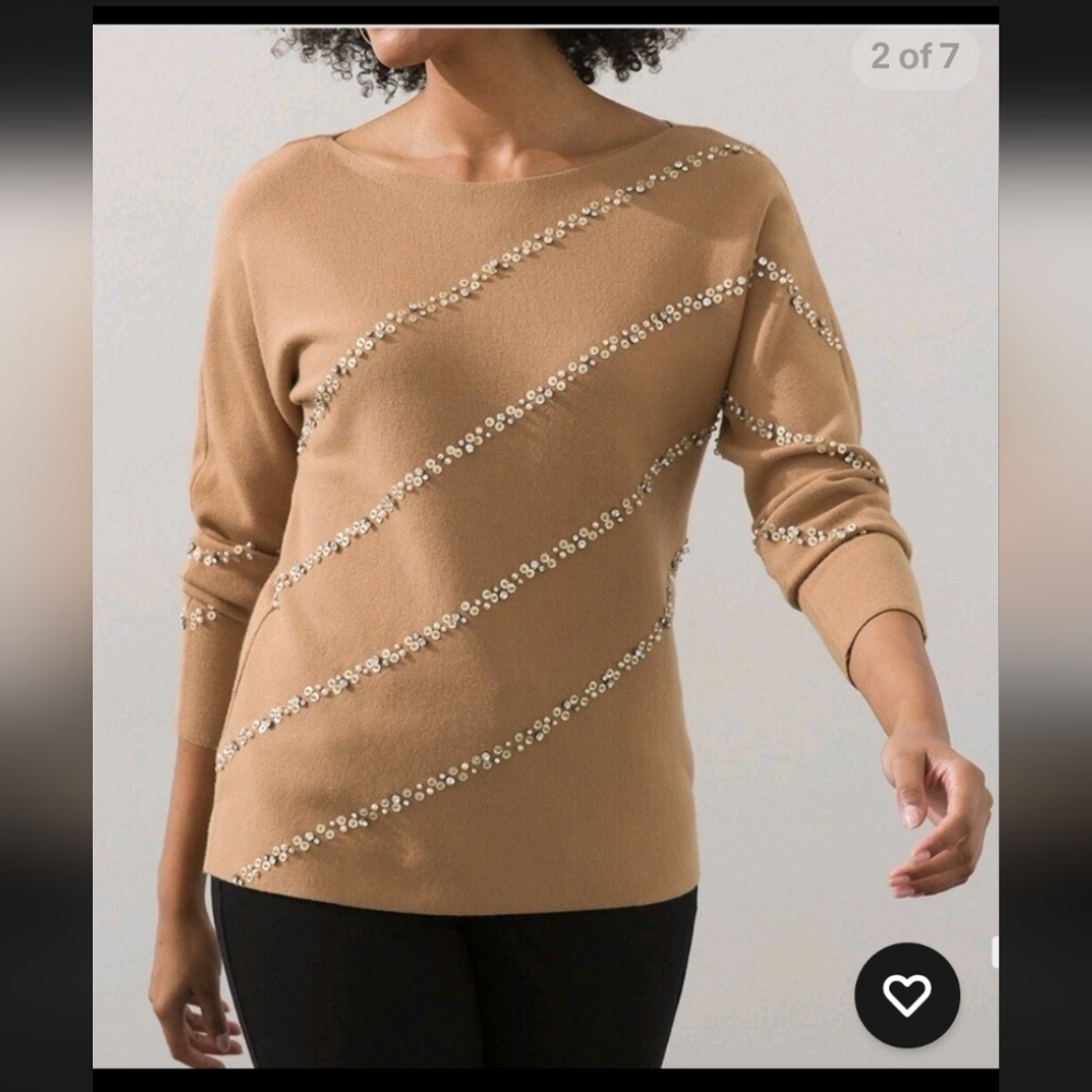 Chico's Large Tan Sweater Diagonal Beaded/Jeweled Sweater Size 2/Large/12